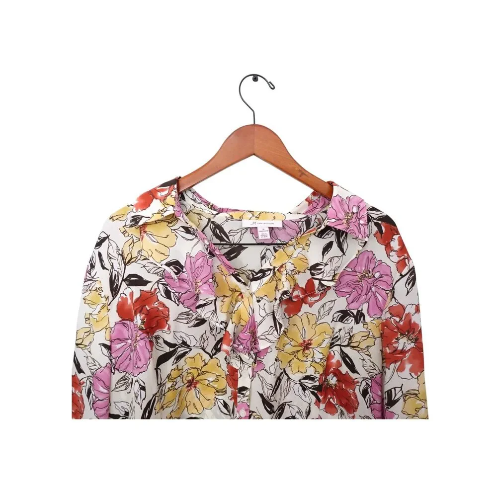 JM COLLECTION Pink Floral Ruffled Blouse Long Sleeve Romantic Cottagecore Sz 18